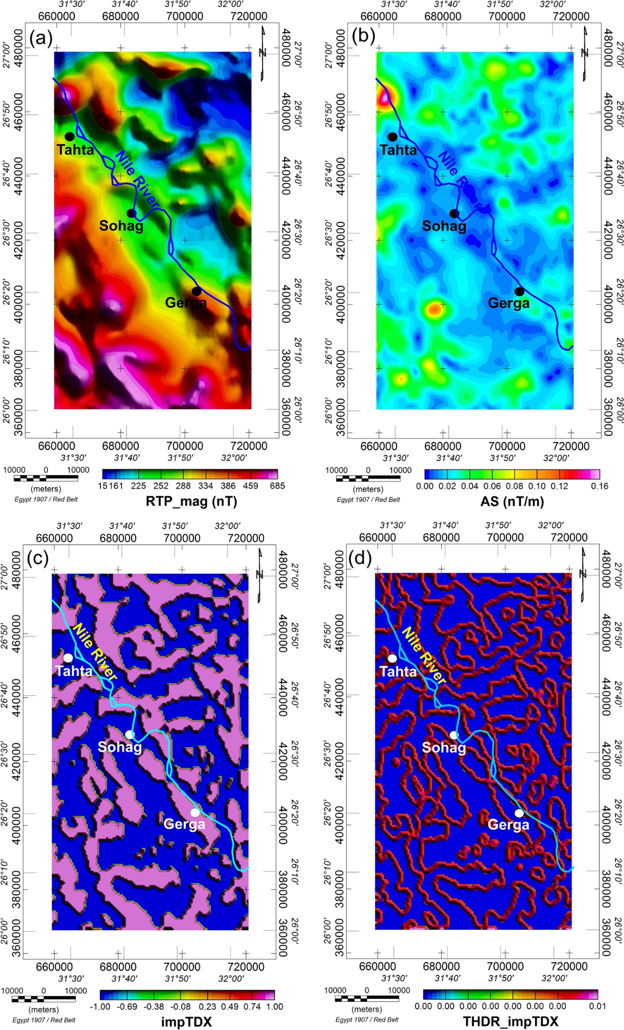 Magnetic RTP, analytic signal, impTDX and THDR_impTDX maps used for basement structure and fault mapping in Sohag, Egypt
